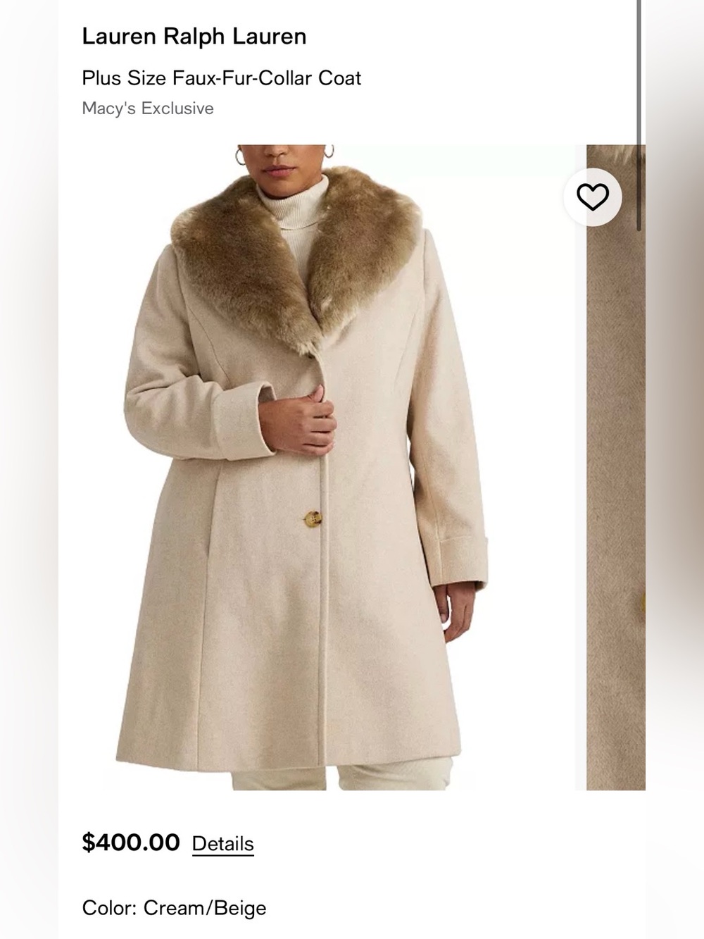 Lauren Ralph Lauren Plus size Cream/Beige Faux-Fur Collar Coat
